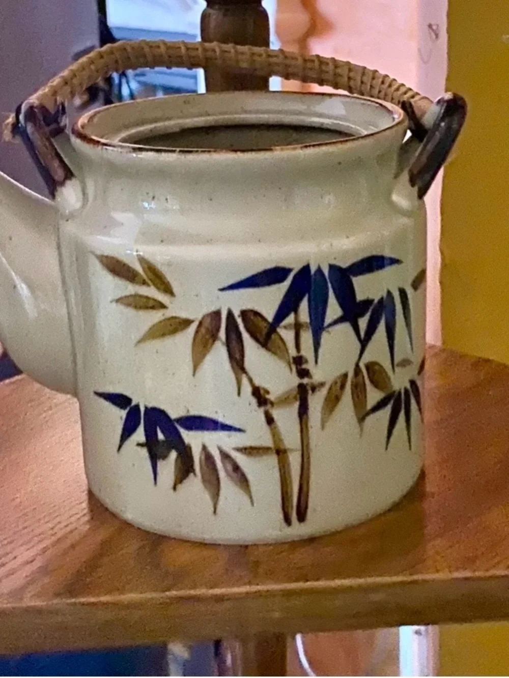 Vintage Japanese Stoneware Teapot Bamboo Handle Hand Painted Bamboo Motif